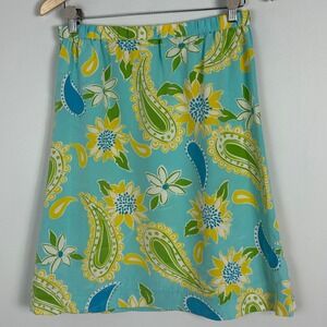 Lilly Pulitzer Vtg Silk Blue Green Elastic Waist Floral Midi Skirt A-Line Size 6